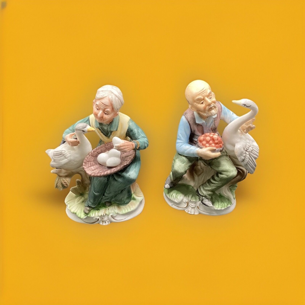 Vintage Napcoware Set Of Porcelain Bisque Man And Woman With Geese Figurines